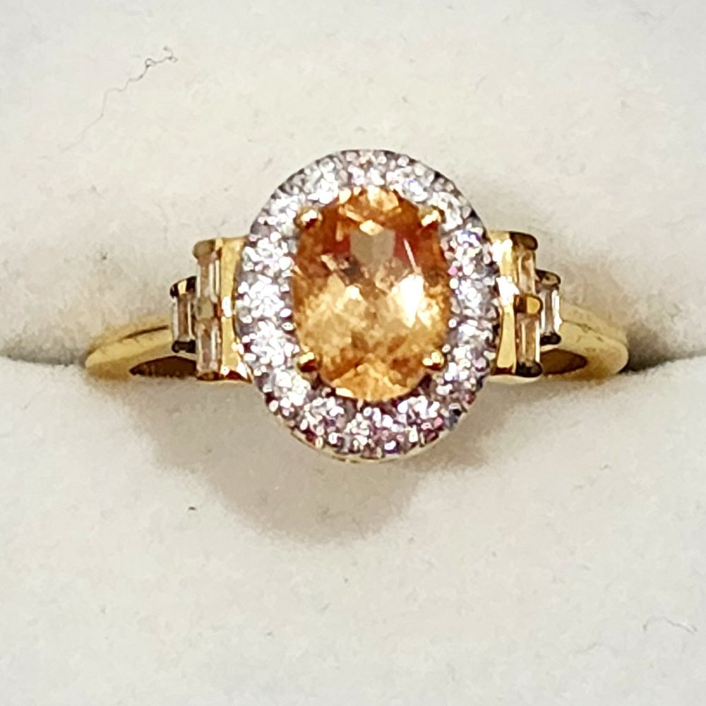 Natural Ceylon Imperial Garnet & White Zircon halo ring 14K YG Vermeil over 925